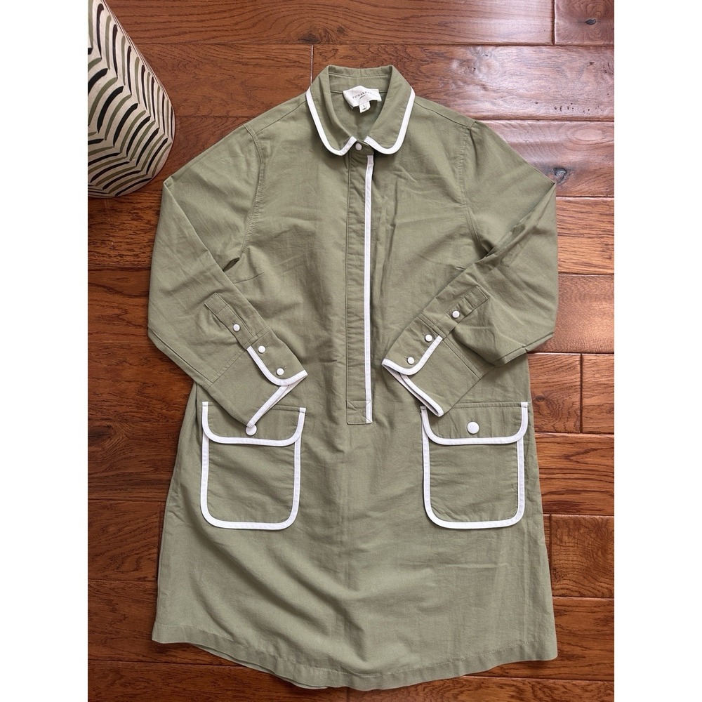 Tuckernuck Pomander Place Moss Green Contrast Trim Shift Shirt Dress L